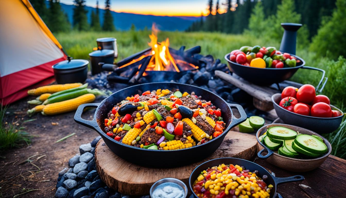 Vegetarian foil packet meal cooking over campfire coals