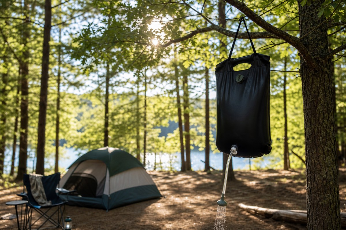 Sunny camping day — ideal conditions for a solar shower bag to heat water for a hot camping shower