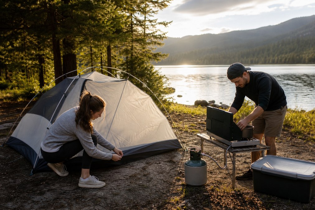 First-time campers setting up a tent and camp kitchen at a lake