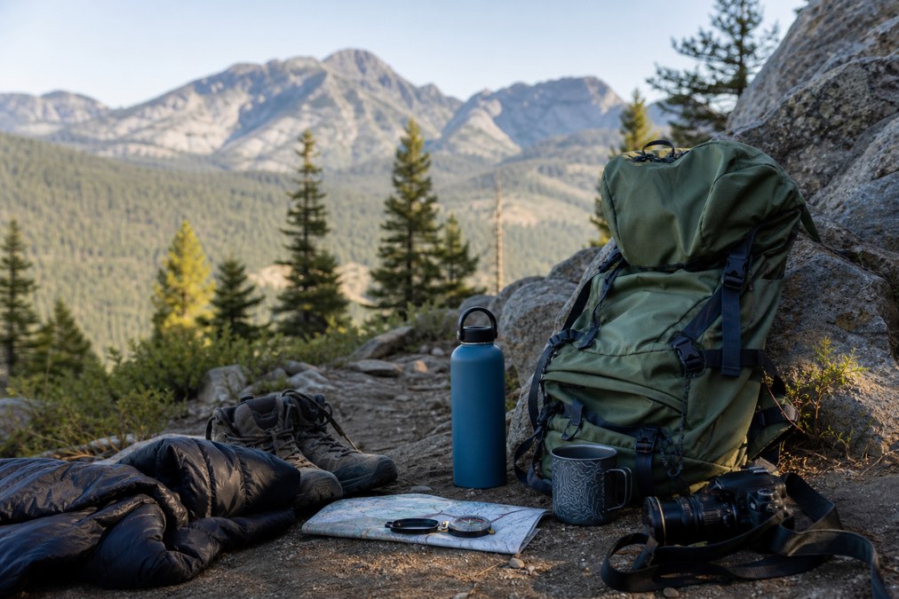 Backpack and hiking essentials laid out on a mountain trail