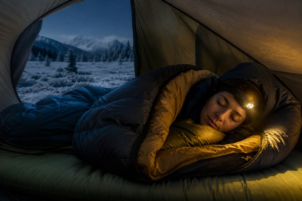 Cozy insulated sleeping setup inside a tent on a cold camping night