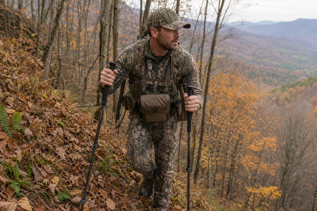 Hunter using trekking poles on a steep wooded ridge