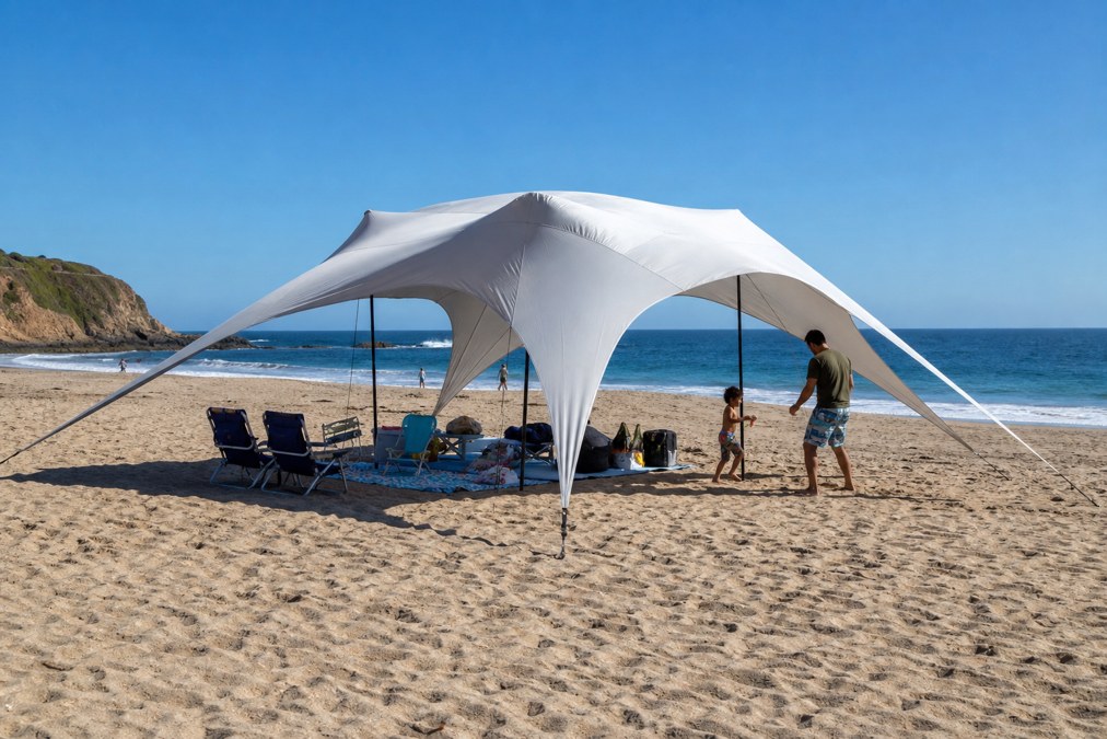 Beach canopy shade tent set up for a family on sandy shoreline