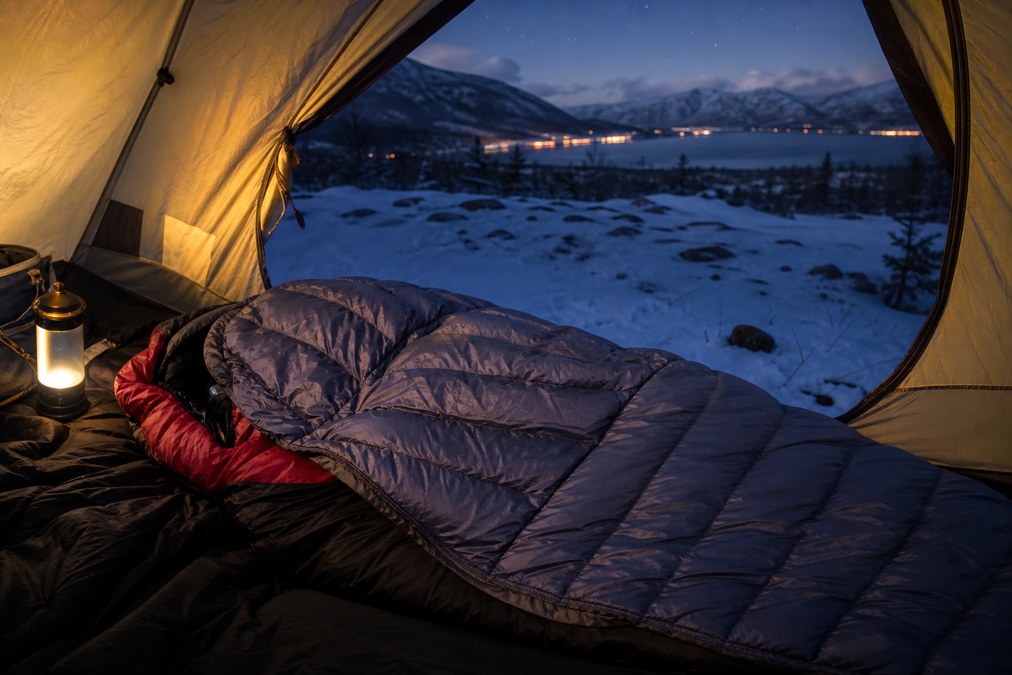 Insulated camping blanket layered over a sleeping bag in a cold tent