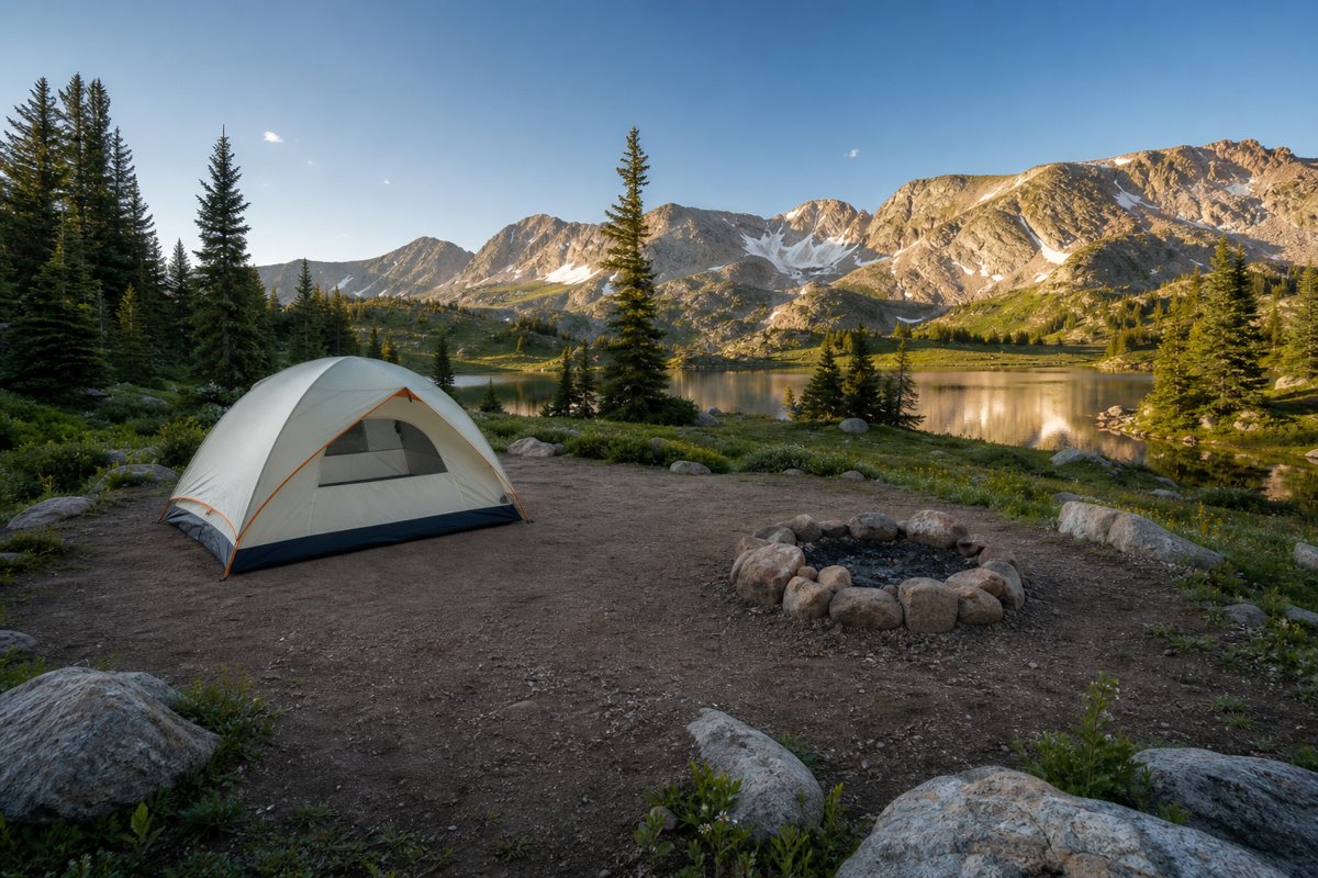 Clean backcountry campsite on durable ground beside an alpine meadow, packed up with no fire scar left behind