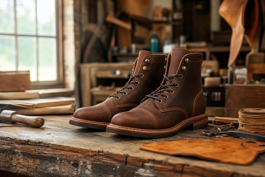 Leather work boots on a workshop bench during break-in