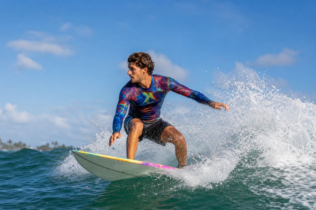Surfer wearing a rash guard on ocean waves