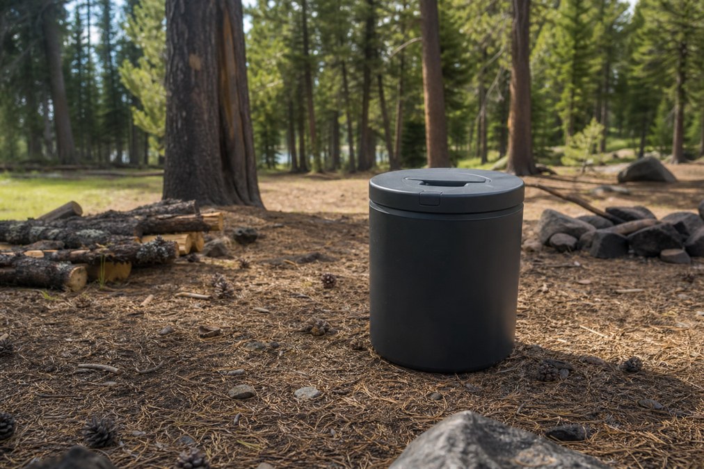 Bear-resistant food canister at a backcountry campsite in pine forest