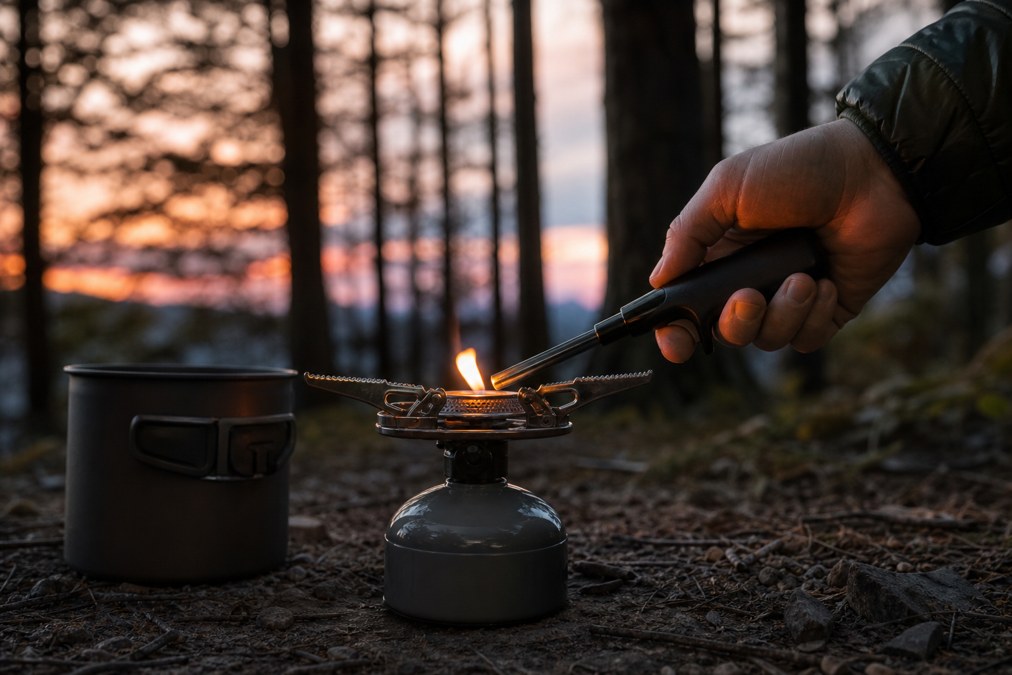 Butane camping lighter lighting a portable stove at camp