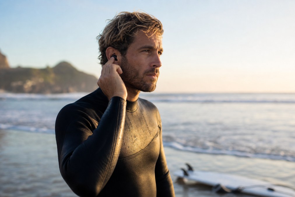Surfer with ear plugs preparing to enter the water