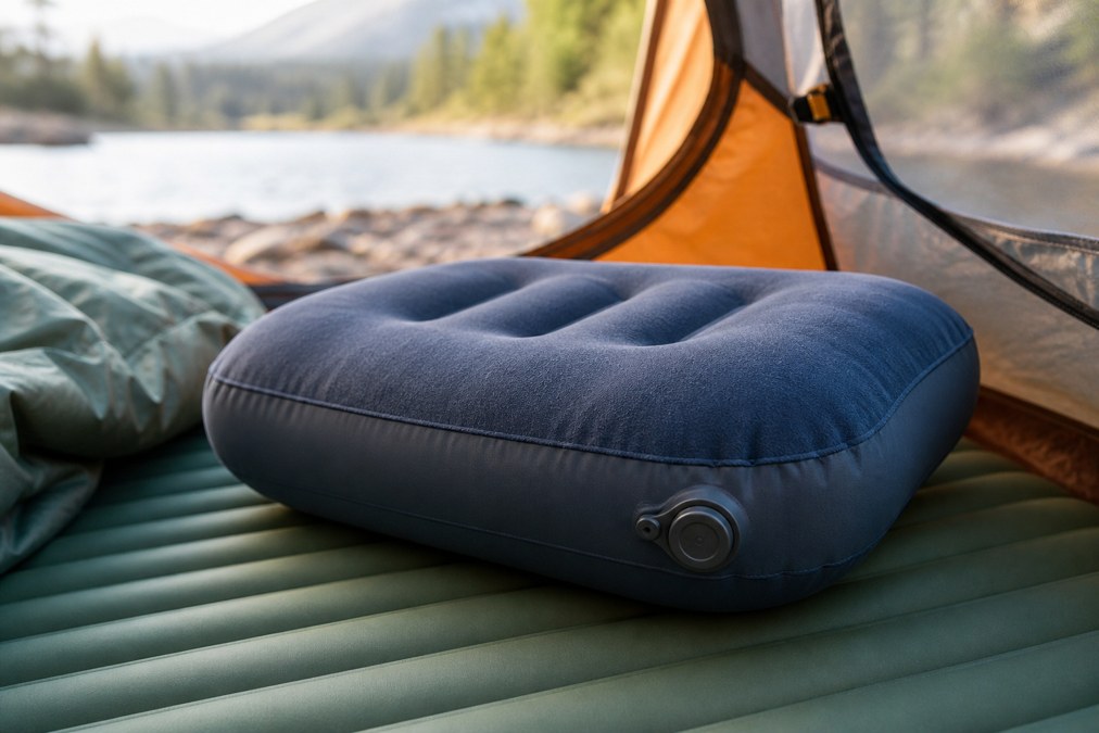 Inflatable camping pillow on a sleeping pad in a tent