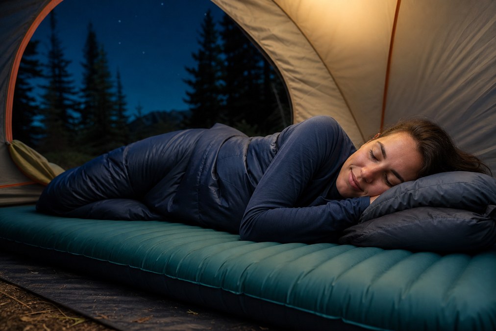 Side sleeper on a thick camping sleeping pad in a tent