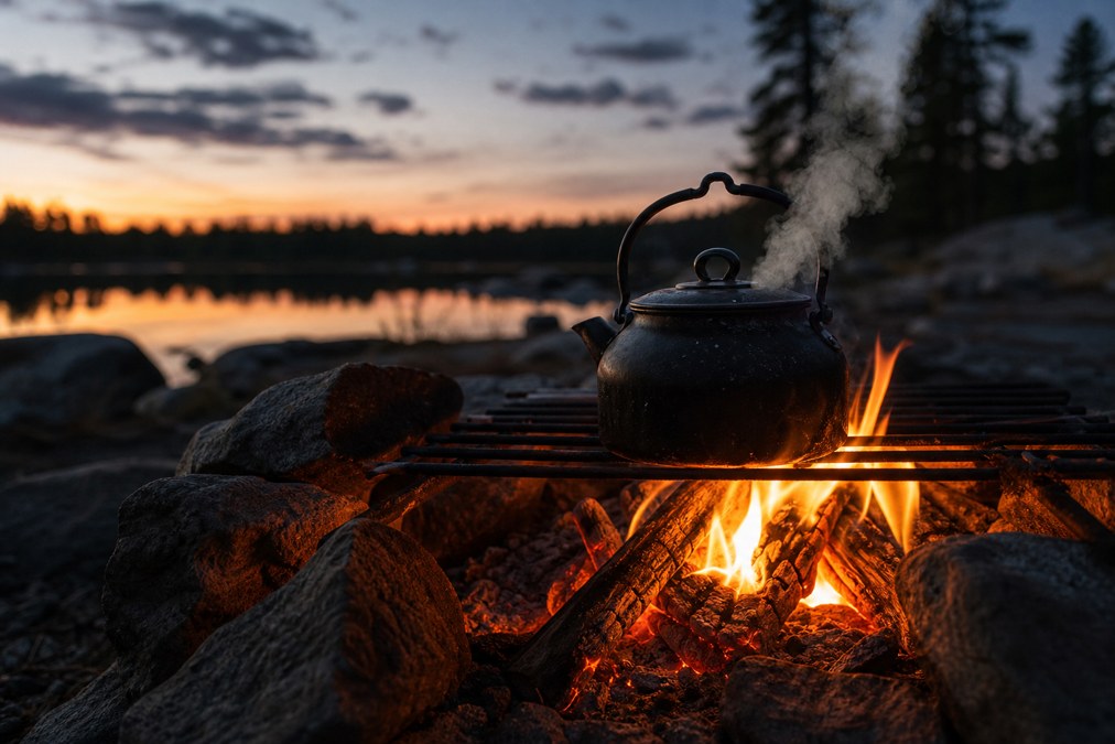 Camping kettle heating over an open fire