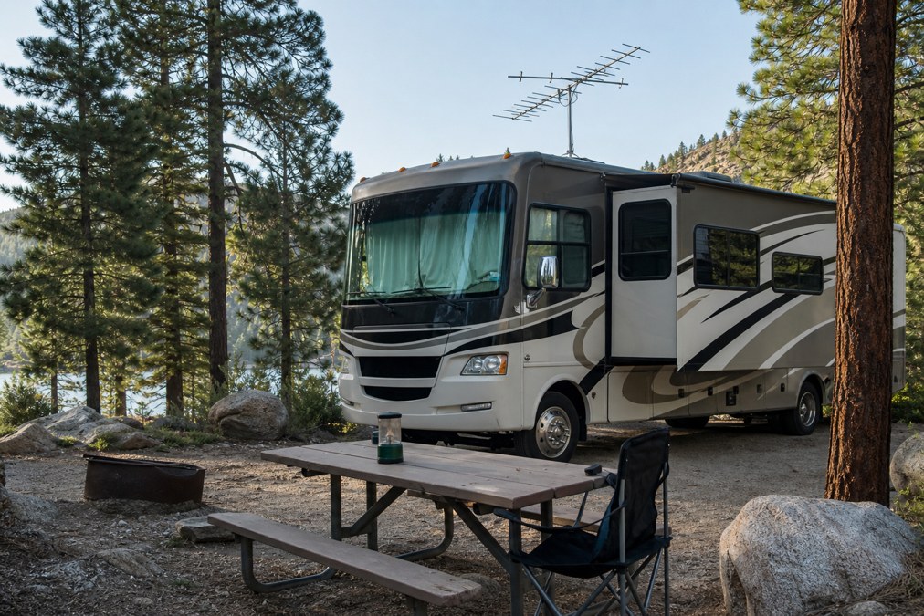 RV campsite with outdoor TV antenna setup