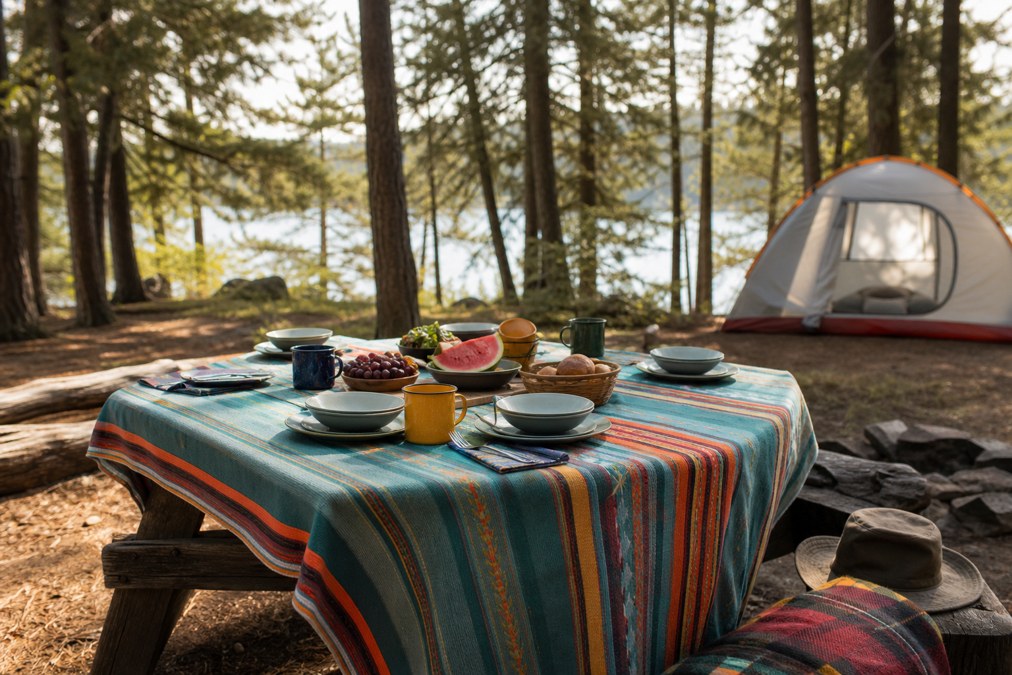 Picnic table with camping tablecloth at a wooded campsite