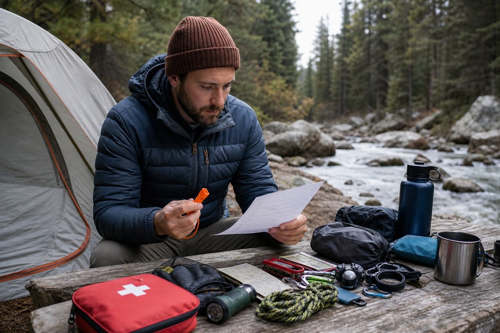 Camper reviewing safety gear at a forest campsite