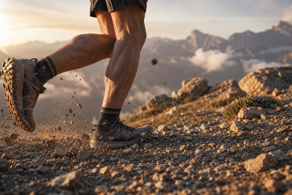Trail running shoes on rocky ultramarathon terrain