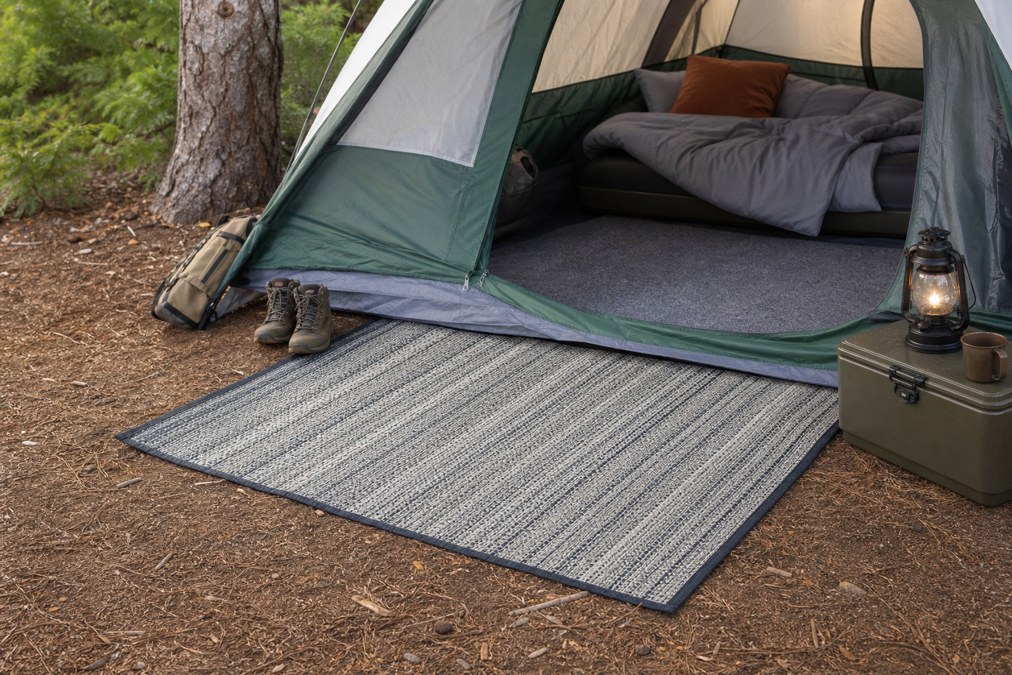 Waterproof plastic outdoor rug at a camping site