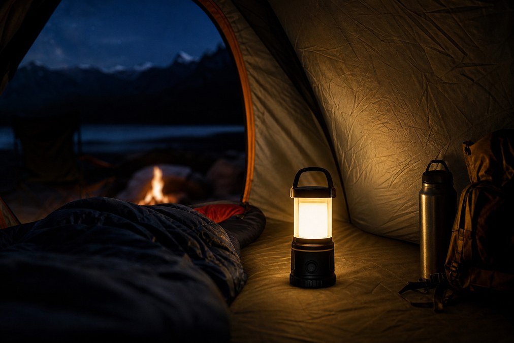 Rechargeable LED camping lantern glowing at night