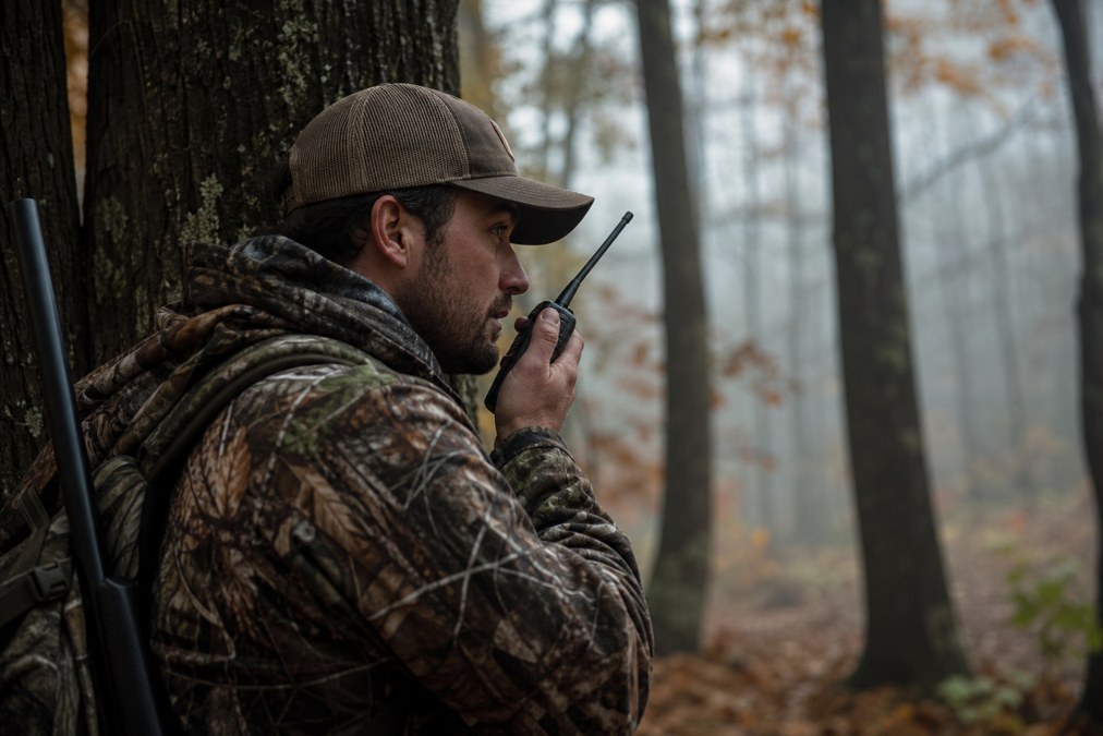Hunter using a handheld two-way radio in woodland