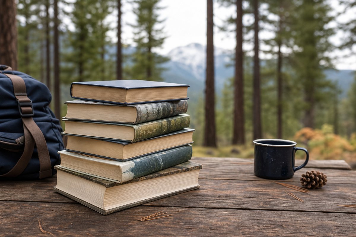 Outdoor adventure books beside a backpack at a mountain campsite