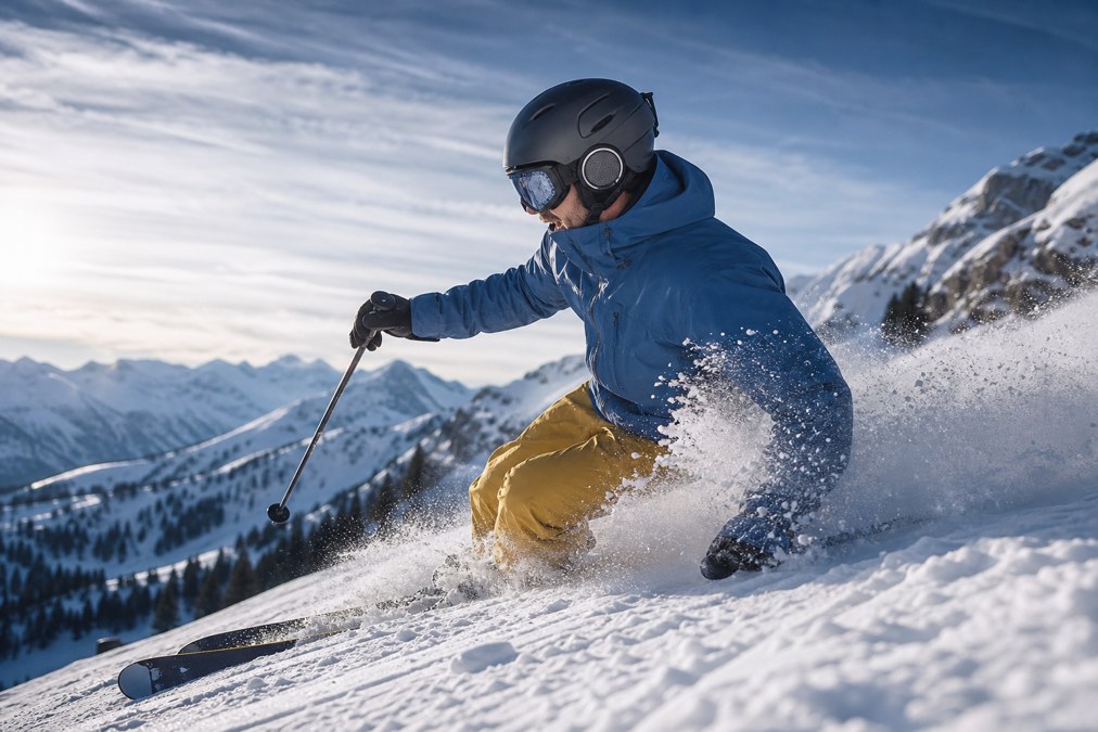 Skier wearing a helmet with integrated Bluetooth speakers