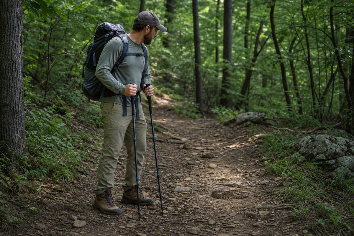 Hiker on a trail in boots with trekking poles in snake country