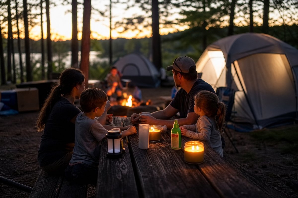 Illustration of a family campsite, not evidence of repellent performance