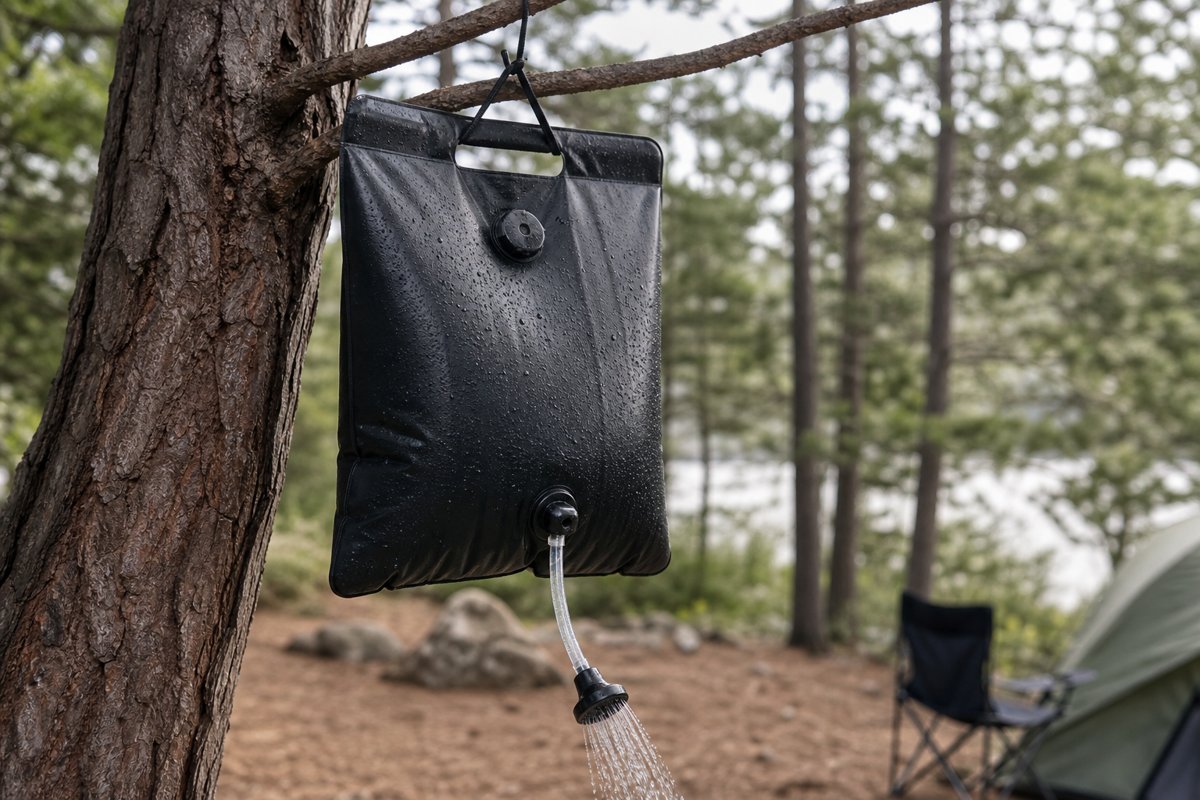 Portable solar camp shower at a forest campsite