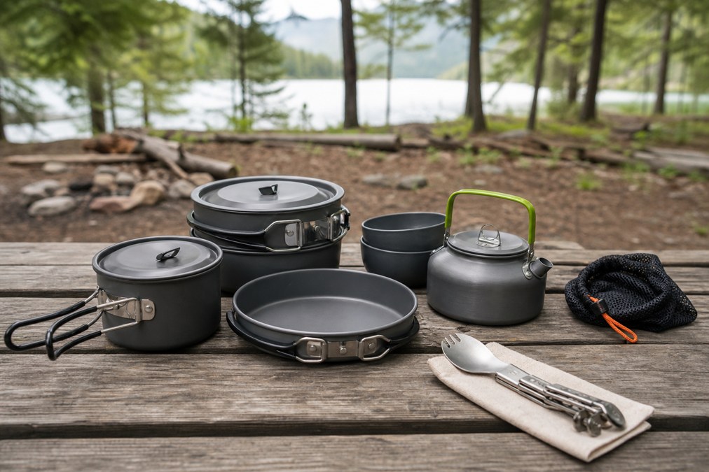 Camping cookware and utensil set on a picnic table