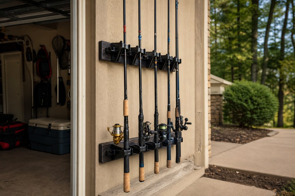 Fishing rod holders mounted on a garage wall rack