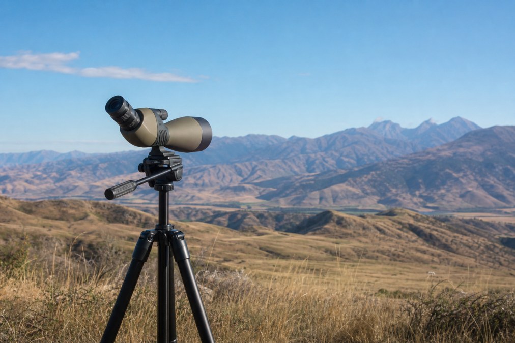 Spotting scope on tripod aimed at distant mountains for birding