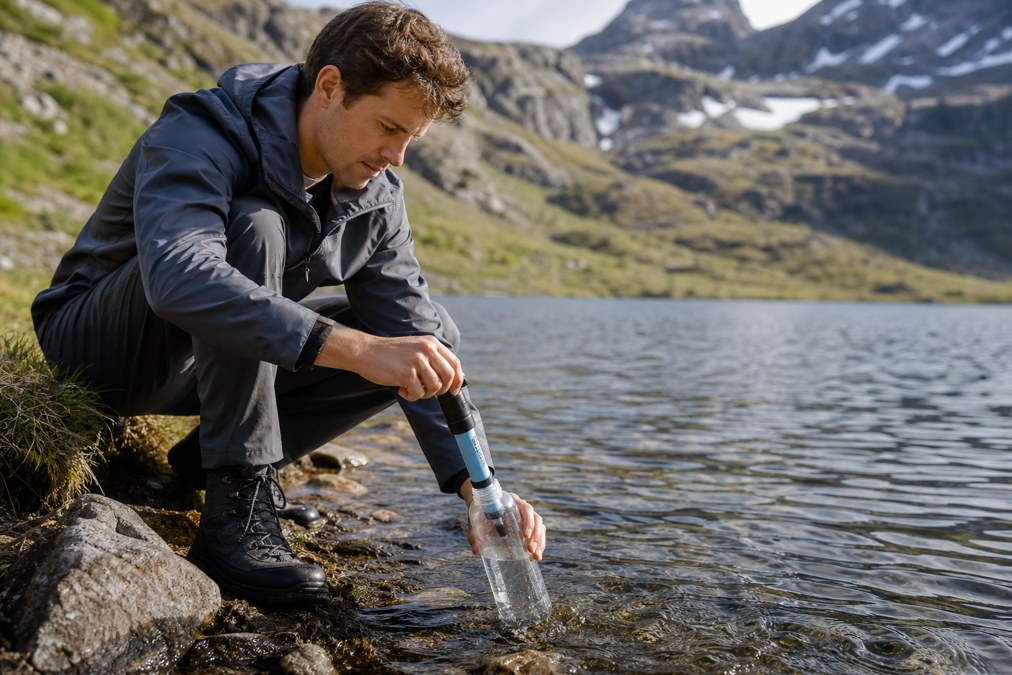 Press-style water purifier bottle at a wilderness lake shore