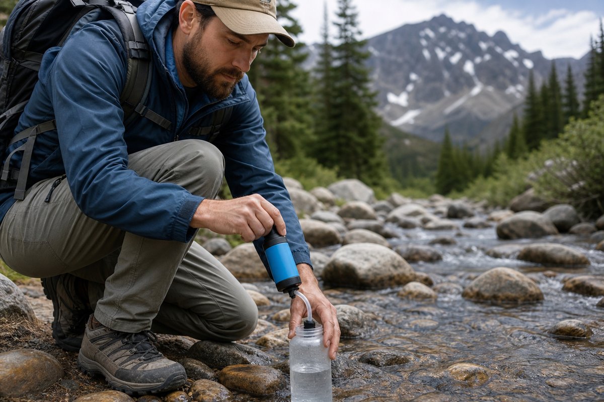 Filtering water from a mountain stream while camping