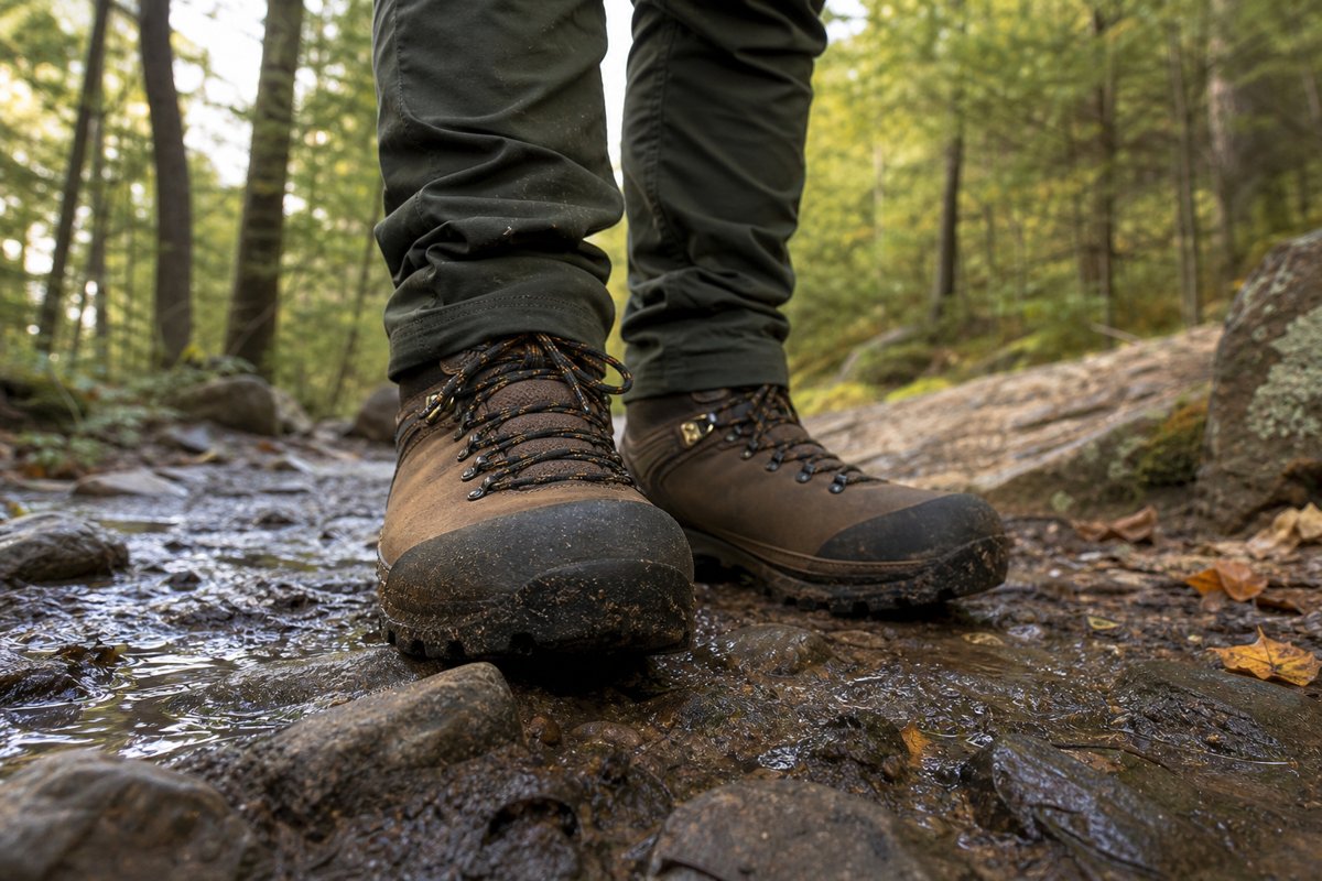 Extra wide hiking boots for 4E feet on a trail