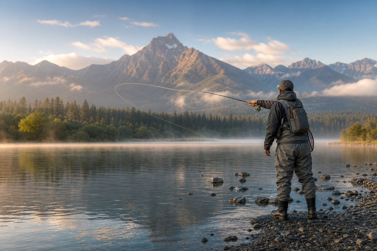 Angler with fishing rod at a lake — fishing gear guide for beginners and garage storage