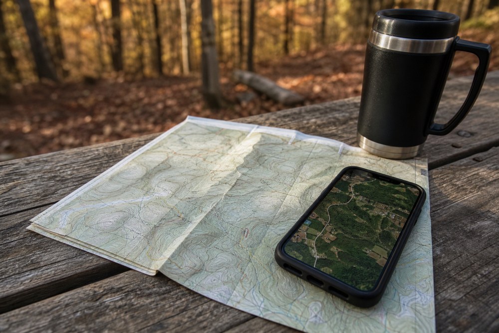 Topo map and phone satellite view laid out for deer hunting scouting