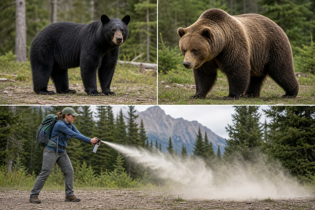 Educational comparison of black bear versus grizzly features beside a hiker demonstrating correct bear-spray deployment stance