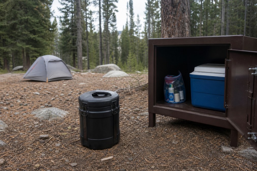 Bear-resistant food canister on the ground away from a tent, with a campground food locker holding a cooler and toiletries