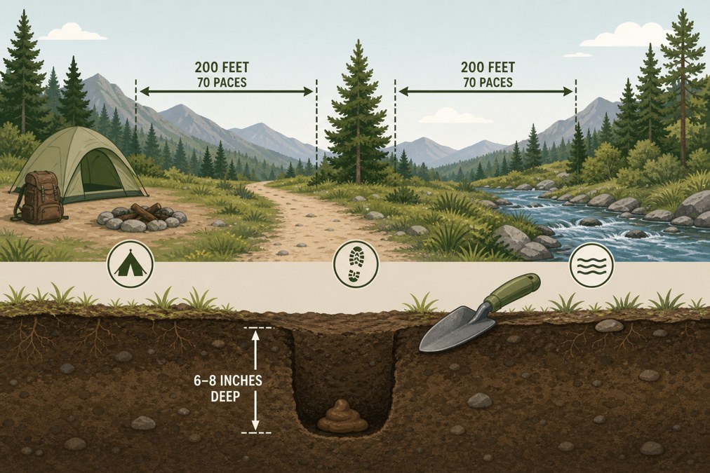 Diagram of cathole depth and 200-foot buffers from water, trails, and camp for Leave No Trace waste disposal