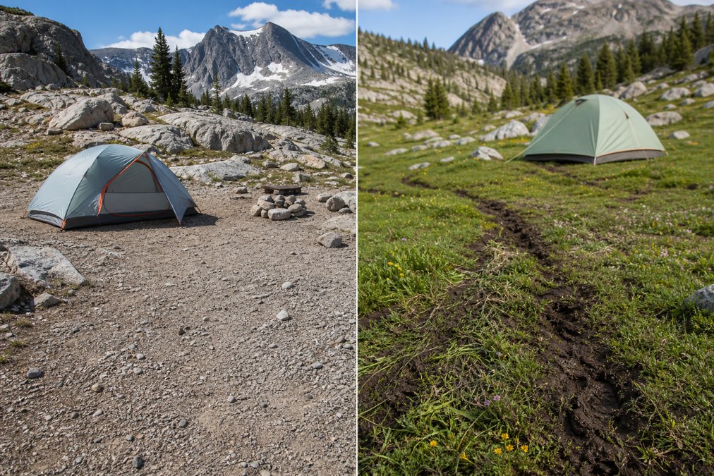 Side-by-side comparison of camping on durable gravel versus trampling a fragile alpine meadow