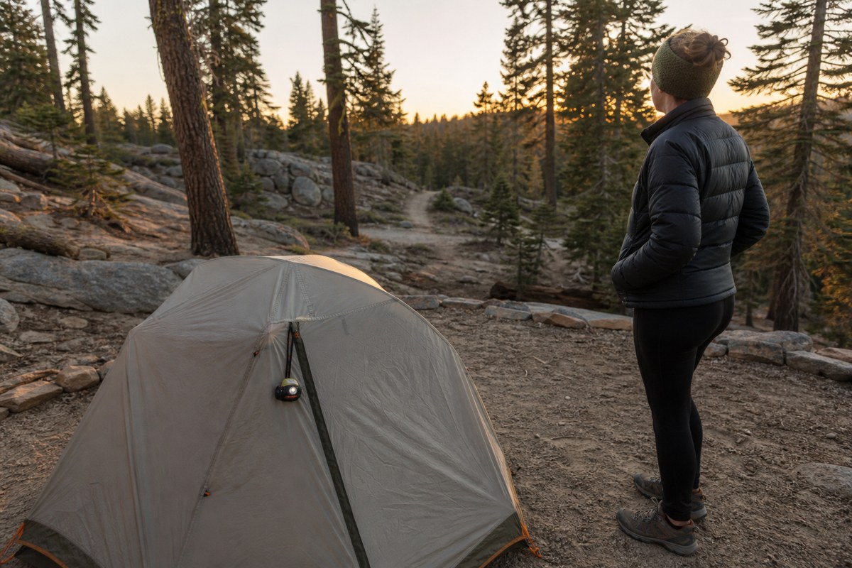 Camper scanning a forest campsite and tent pad for hazards before nightfall