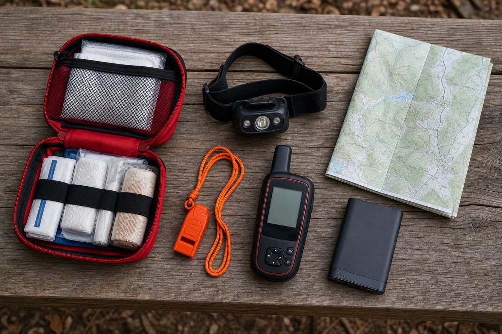 Camping safety kit laid out: first-aid pouch, headlamp, whistle, satellite messenger, and map