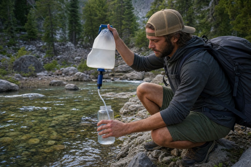 Backpacker using a squeeze water filter at a clear mountain creek while camping