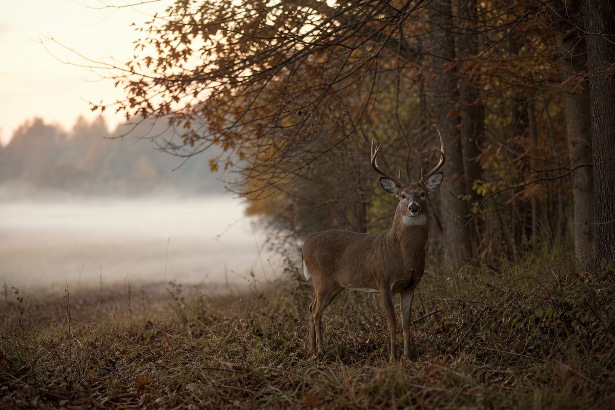 White-tailed buck at an autumn forest edge at dawn — deer scouting habitat