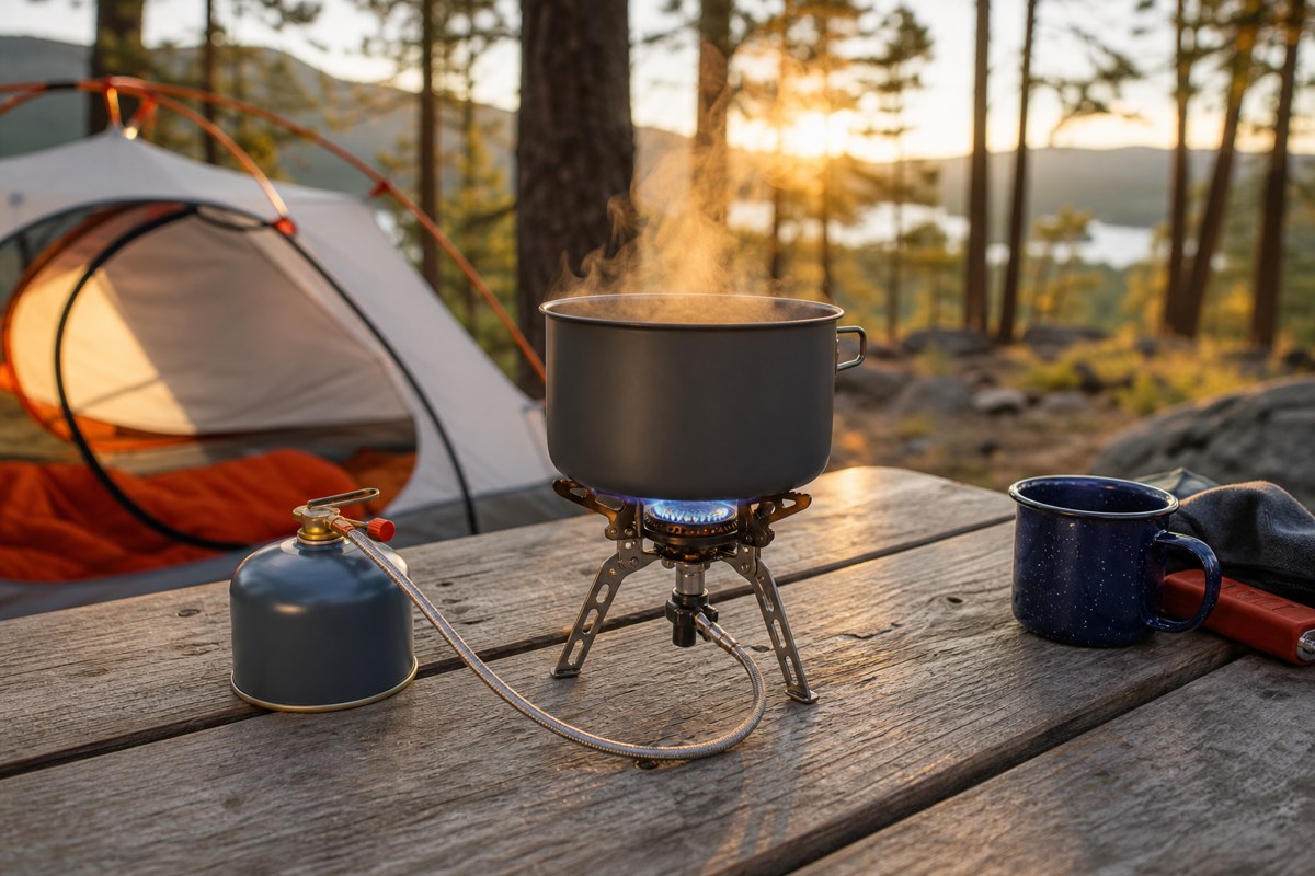 Backpacking camp stove boiling water at a forest campsite picnic table