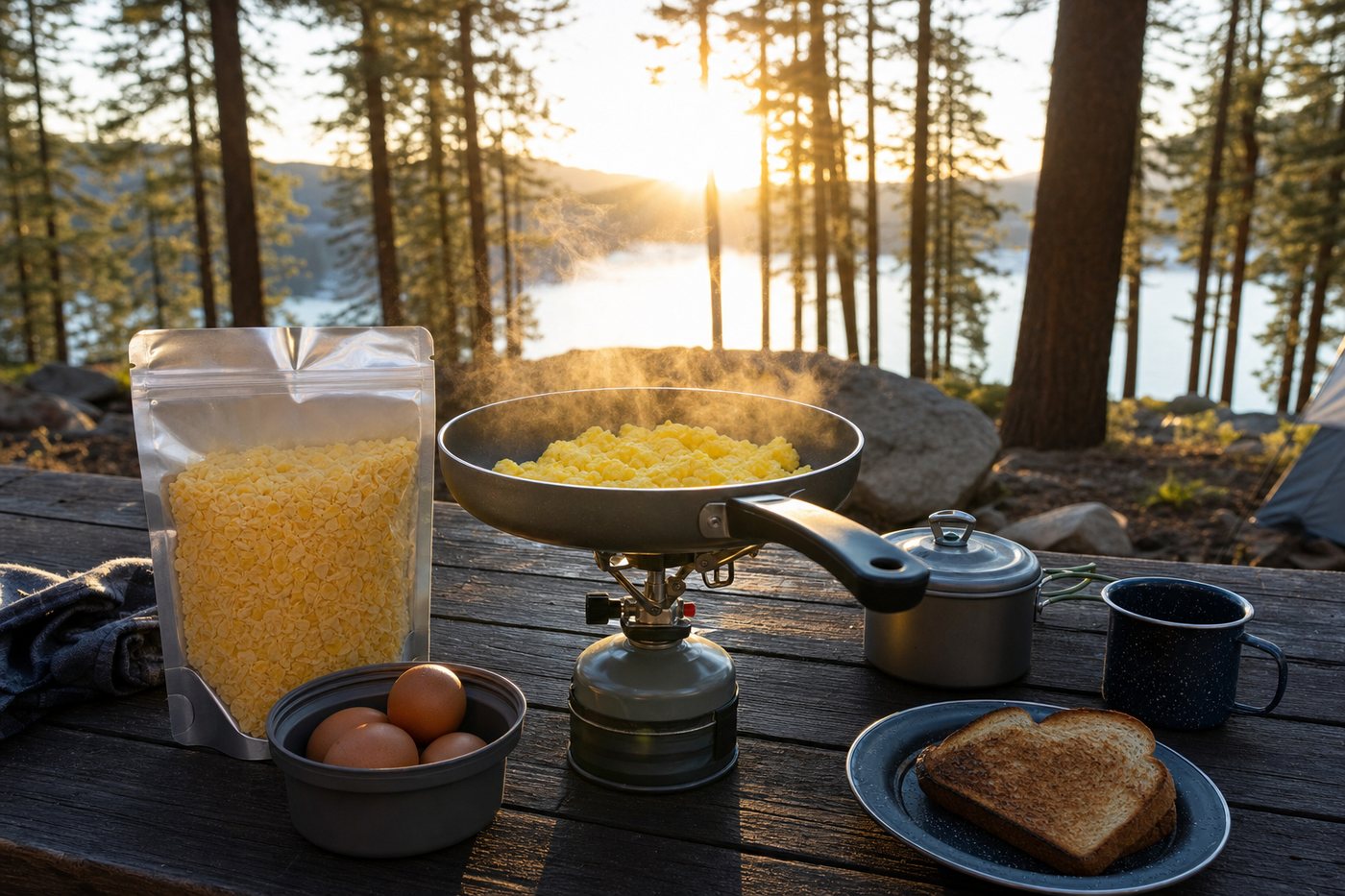 Campsite breakfast with scrambled dehydrated eggs cooking on a backpacking stove at sunrise