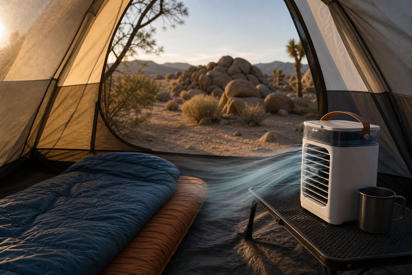 Portable evaporative cooler cooling a tent campsite in dry desert heat