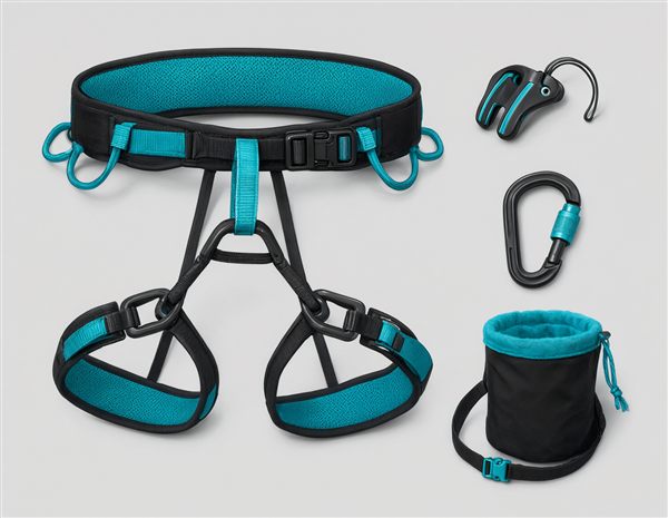 AI-generated illustration of a climbing starter package with harness, belay device, carabiner, and chalk bag