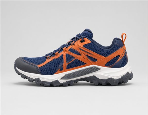 AI-generated illustration of a protective rock-plate trail running shoe matching the Brooks Cascadia 18 style